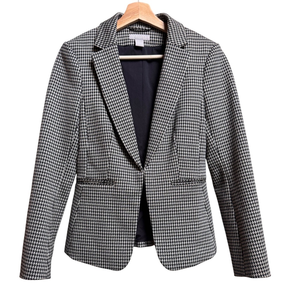 H&M Womens Houndstooth Blazer Jacket Size 2 Black White Office Preppy Academia